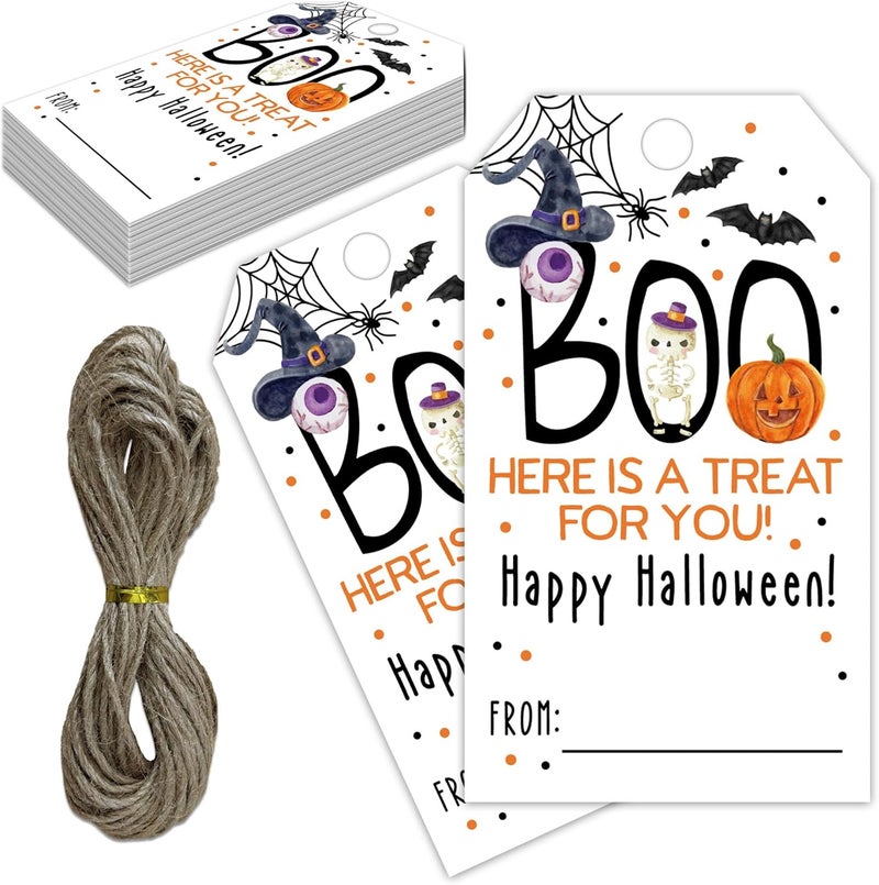 RPLCSPC Halloween Paper Gift Tags with String-50Pcs, Here is A Treat for You Happy Halloween Tags for Goodie Bags, 2 x 3.5 Inch Writable Waterproof Hanging Labels for Decor Party Supplies, Gift Wrapping-B01 - Image 1